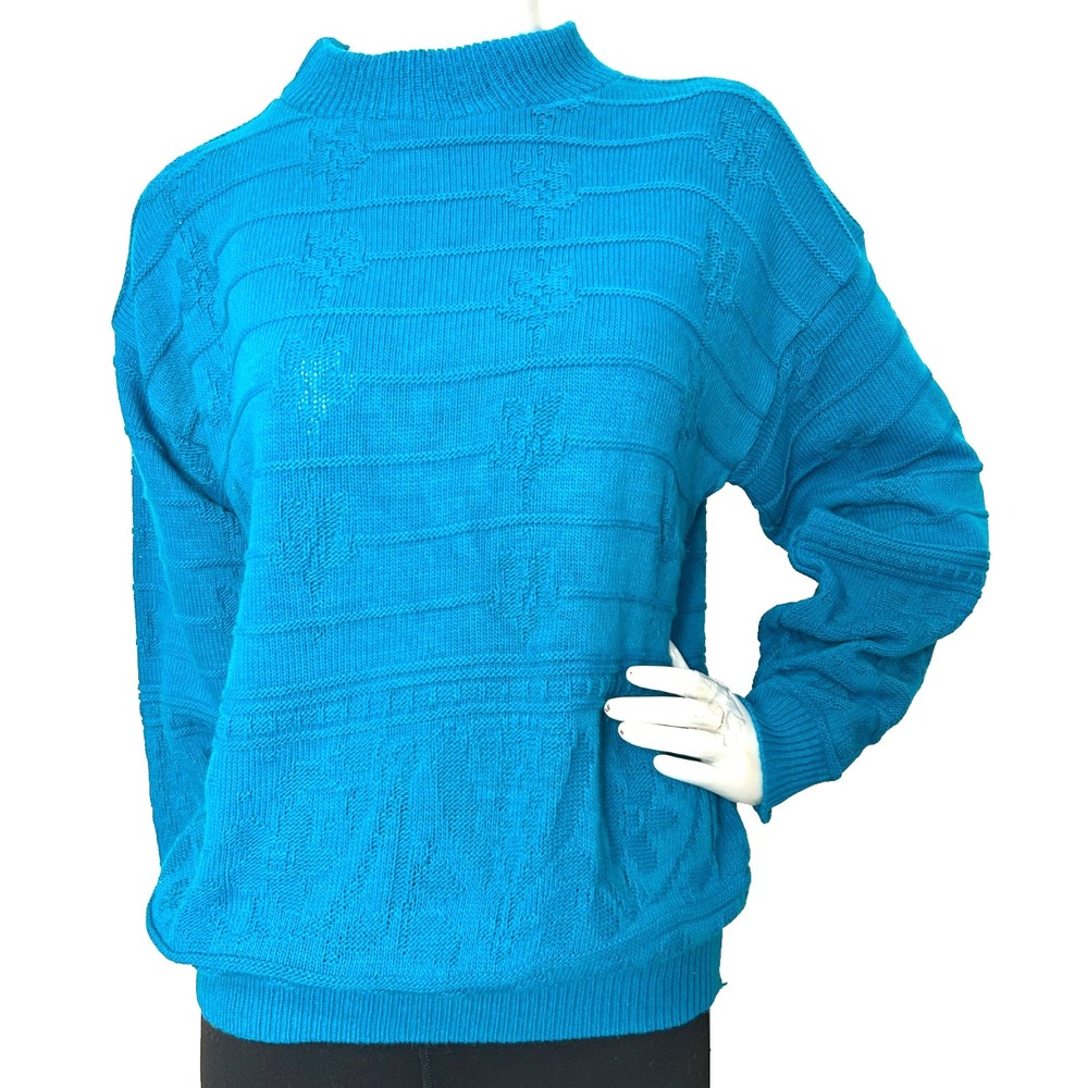 Vtg 1980s American Pride Teal Blue Textured Knit Cozier Cabin Sweater Large EUC